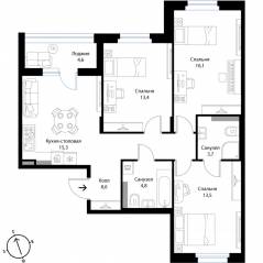 МЖК «Экография», планировка 3-комнатной квартиры, 77.70 м²