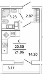 ЖК «Master Place», планировка студии, 21.86 м²