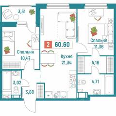 ЖК «Графика», планировка 2-комнатной квартиры, 60.60 м²