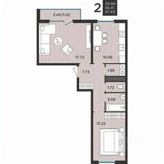 МЖК «Новокасимово», планировка 2-комнатной квартиры, 56.90 м²