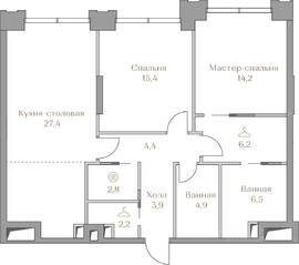 ЖК «Коллекция Лужники», планировка 2-комнатной квартиры, 87.90 м²