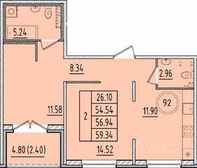МЖК «Образцовый квартал 17», планировка 2-комнатной квартиры, 54.54 м²