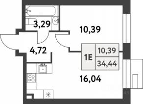 ЖК «Smart Garden», планировка 1-комнатной квартиры, 34.40 м²