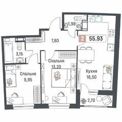 ЖК «Авиатор» (Девяткино), планировка 2-комнатной квартиры, 55.93 м²