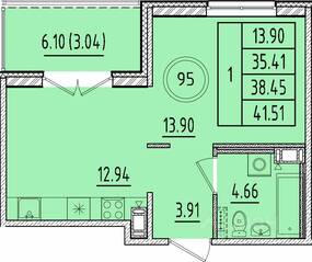 МЖК «Образцовый квартал 17», планировка 1-комнатной квартиры, 35.41 м²