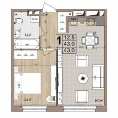 ЖК «Гранд Комфорт», планировка 1-комнатной квартиры, 43.00 м²