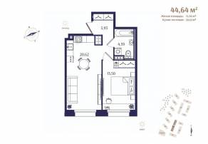 ЖК «Ranta Residence», планировка 1-комнатной квартиры, 44.64 м²