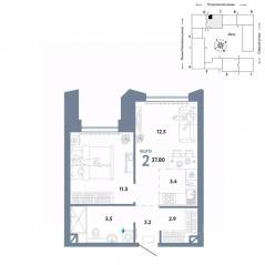 ЖК «Страна.Озерная», планировка 2-комнатной квартиры, 37.80 м²