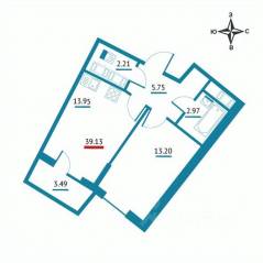 ЖК «Левитан», планировка 1-комнатной квартиры, 39.13 м²