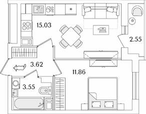 ЖК «Кинопарк», планировка 1-комнатной квартиры, 35.34 м²