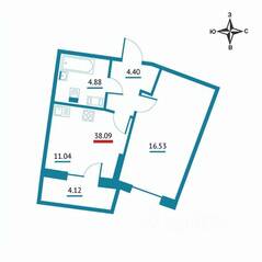 ЖК «Левитан», планировка 1-комнатной квартиры, 38.09 м²