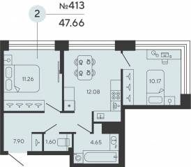 ЖК «Bashni Element», планировка 2-комнатной квартиры, 47.66 м²