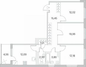 ЖК «Югтаун. Олимпийские кварталы», планировка 3-комнатной квартиры, 75.15 м²