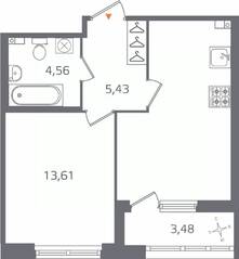 ЖК «Б15», планировка 1-комнатной квартиры, 42.06 м²