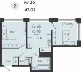 ЖК «Bashni Element», планировка 2-комнатной квартиры, 47.01 м²