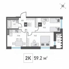 ЖК «Зеленоград Ривьера», планировка 2-комнатной квартиры, 59.20 м²