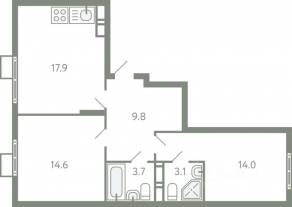 ЖК «Ново-Молоково», планировка 2-комнатной квартиры, 61.60 м²