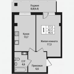ЖК «Южная заря», планировка 1-комнатной квартиры, 50.00 м²