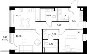 ЖК «Nova», планировка 2-комнатной квартиры, 61.62 м²
