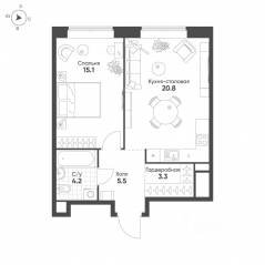 ЖК «MariInn Park», планировка 1-комнатной квартиры, 48.90 м²