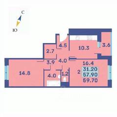ЖК «Эдельвейс» (ЦентрСтрой), планировка 2-комнатной квартиры, 59.70 м²