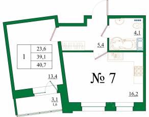 ЖК «Орловский бульвар», планировка 1-комнатной квартиры, 40.70 м²