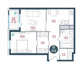 ЖК «Русич Кантемировский», планировка 1-комнатной квартиры, 47.00 м²