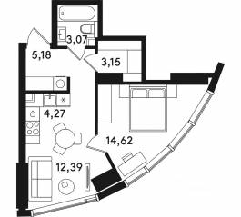 ЖК «Solos», планировка 1-комнатной квартиры, 42.68 м²