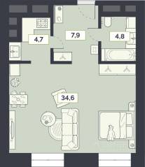 ЖК «Лайм», планировка 1-комнатной квартиры, 52.00 м²