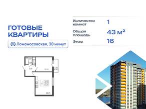 ЖК «Тандем», планировка 1-комнатной квартиры, 43.01 м²
