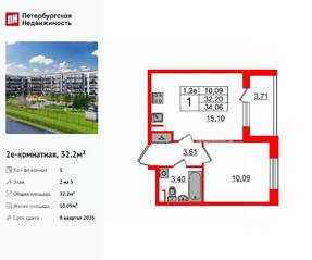 ЖК «Парадный ансамбль», планировка 1-комнатной квартиры, 32.20 м²