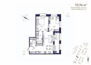 ЖК «Ranta Residence», планировка 2-комнатной квартиры, 59.96 м²