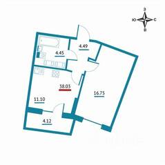 ЖК «Левитан», планировка 1-комнатной квартиры, 38.03 м²