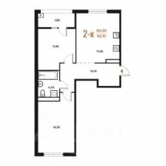 ЖК «Новое Летово», планировка 2-комнатной квартиры, 62.10 м²