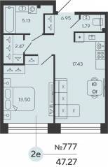 ЖК «Bashni Element», планировка 1-комнатной квартиры, 46.84 м²