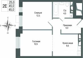 ЖК «Киноквартал», планировка 2-комнатной квартиры, 45.00 м²