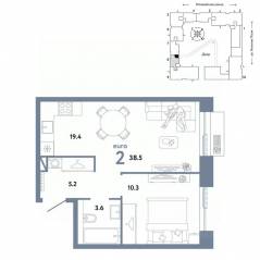 ЖК «Страна.Заречная», планировка 2-комнатной квартиры, 38.50 м²