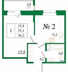 ЖК «Орловский бульвар», планировка 1-комнатной квартиры, 36.20 м²