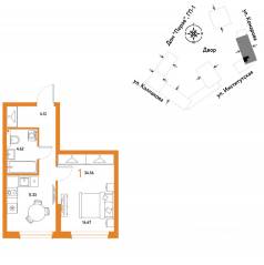 ЖК «Страна.Парковая», планировка 1-комнатной квартиры, 34.54 м²