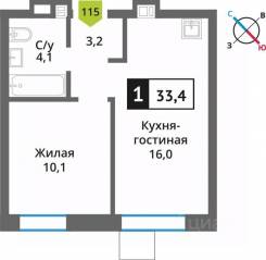 ЖК «Лесная Отрада», планировка 1-комнатной квартиры, 33.40 м²