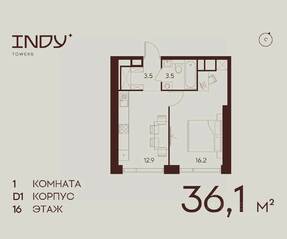 ЖК «Indy Towers», планировка 1-комнатной квартиры, 36.10 м²