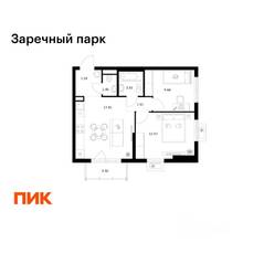 ЖК «Заречный парк», планировка 2-комнатной квартиры, 49.71 м²