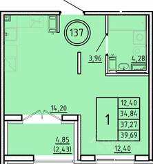 МЖК «Образцовый квартал 16», планировка 1-комнатной квартиры, 34.84 м²