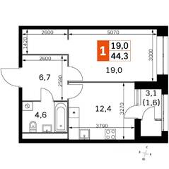 ЖК «Sky Garden», планировка 1-комнатной квартиры, 44.20 м²