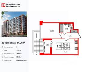 ЖК «Титул в Московском», планировка 1-комнатной квартиры, 34.06 м²