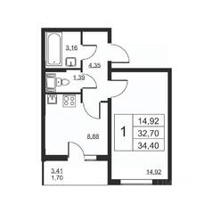 ЖК «Высота» (Бугры), планировка 1-комнатной квартиры, 34.40 м²