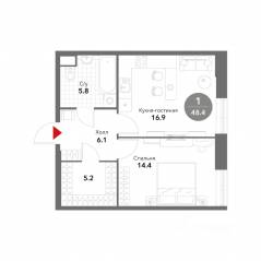 МФК «Voxhall», планировка 1-комнатной квартиры, 48.50 м²