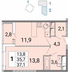 ЖК «Центр-2», планировка 1-комнатной квартиры, 37.20 м²