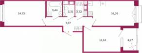 ЖК «Дом на Курской», планировка 2-комнатной квартиры, 61.48 м²