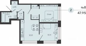 ЖК «Bashni Element», планировка 2-комнатной квартиры, 47.95 м²